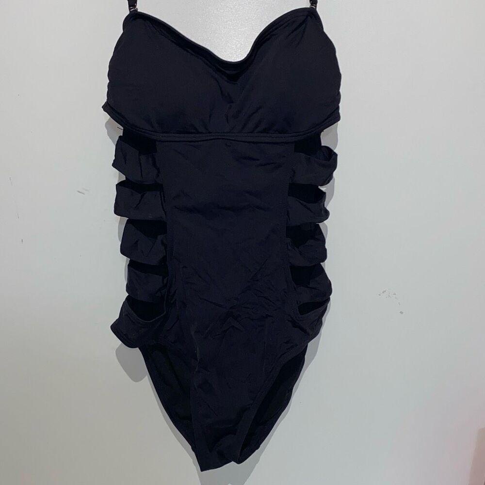 Kenneth Cole Reaction Black Cutout Bandeau Halter One Piece Swimsuit Size Small